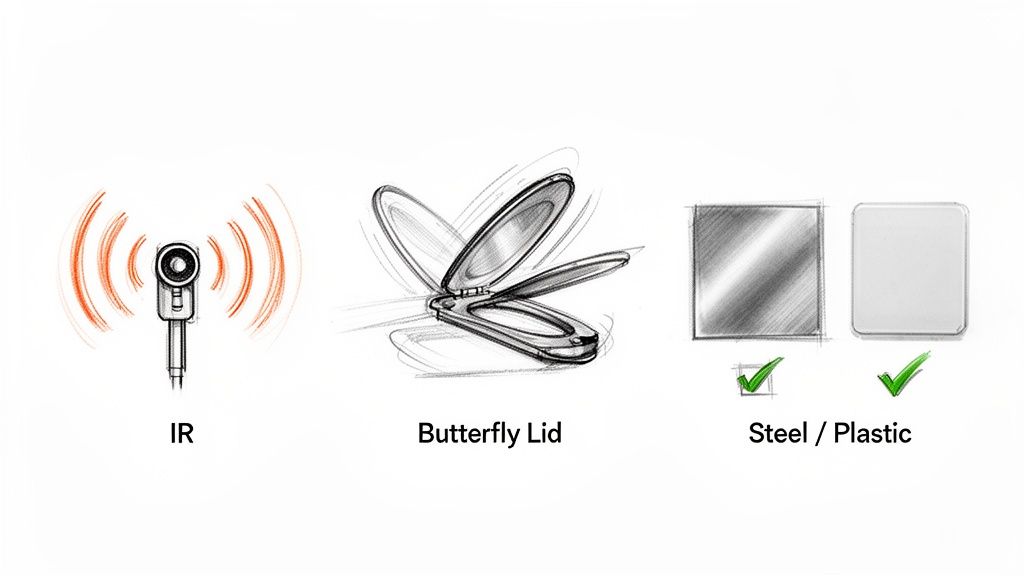 Sketches illustrating design concepts for a touchless trash can, including IR sensor, butterfly lid, and material options.