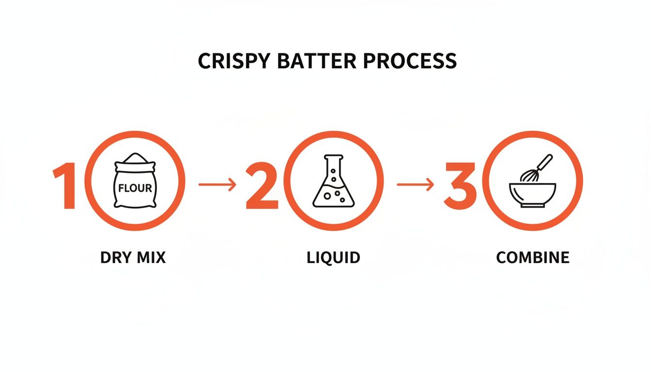 A three-step diagram illustrating the crispy batter process: dry mix, liquid, then combine.