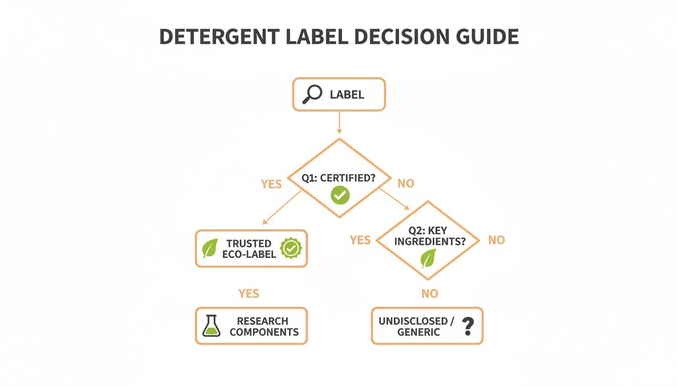 Flowchart guiding users through detergent label evaluation based on certification, eco-labels, and ingredient disclosure.