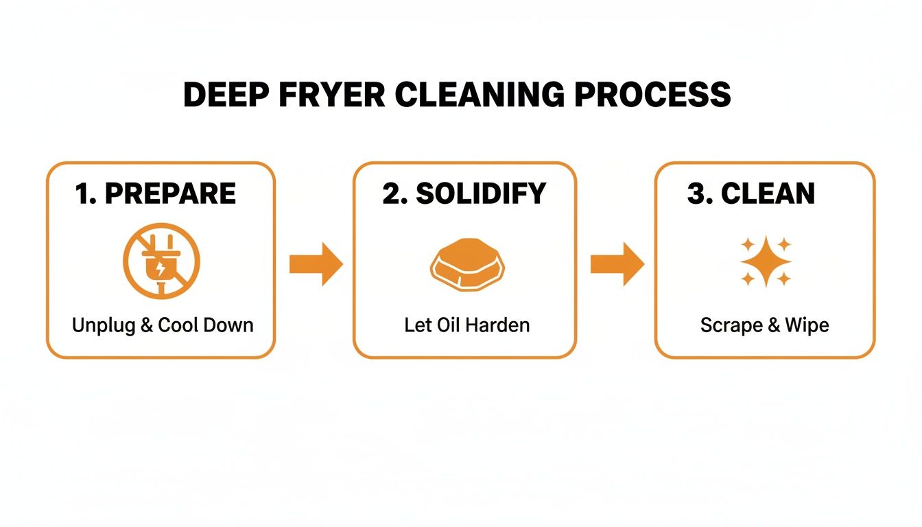 A diagram illustrates the 3-step deep fryer cleaning process: prepare, solidify oil, and clean.