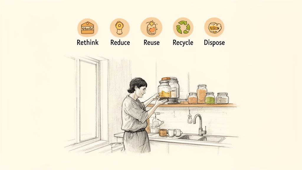 Waste management principles: Rethink, Reduce, Reuse, Recycle, Dispose icons above a person in a kitchen.