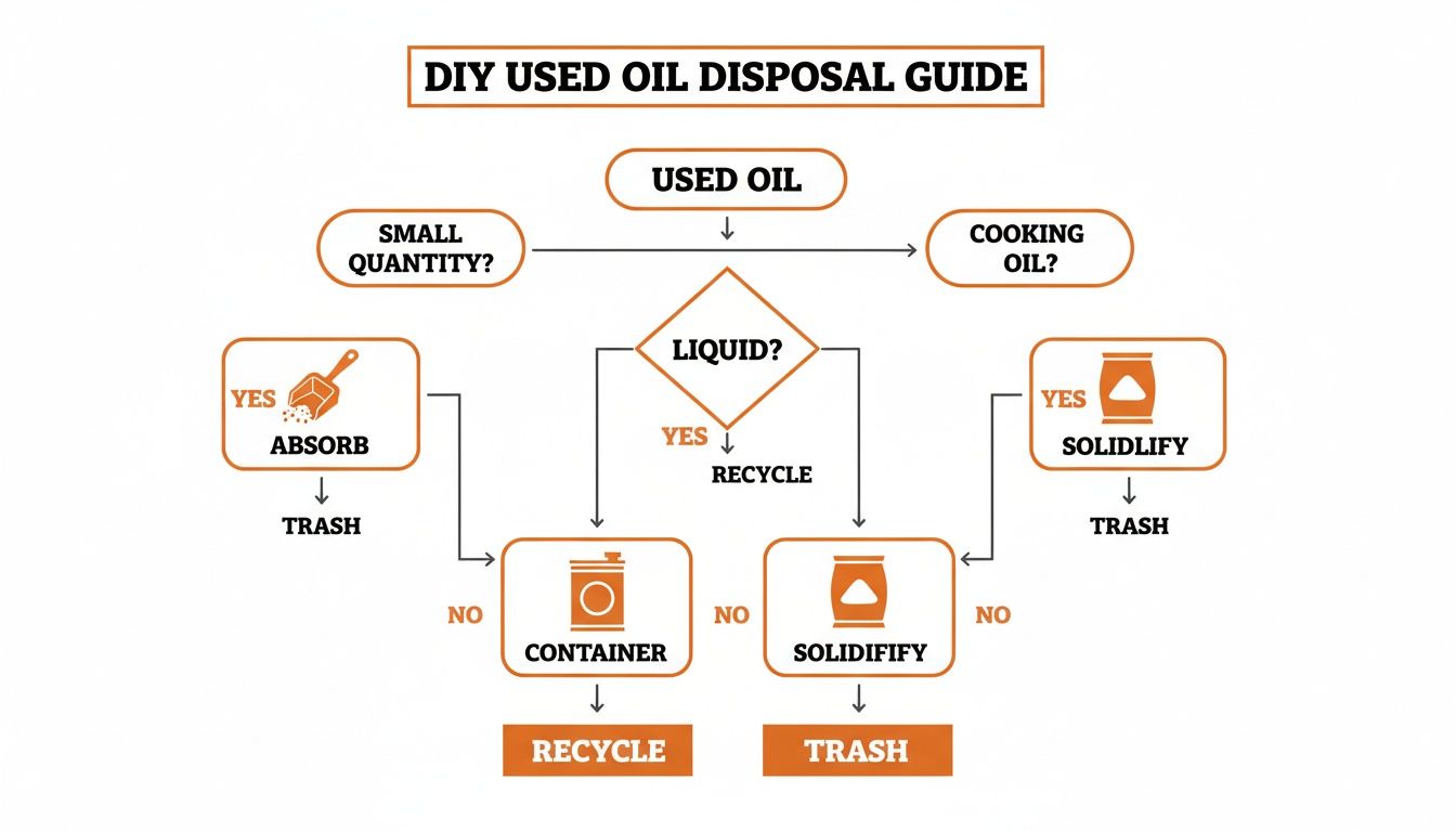 Flowchart illustrating a DIY guide for disposing of used oil, distinguishing between liquid and solidified forms.