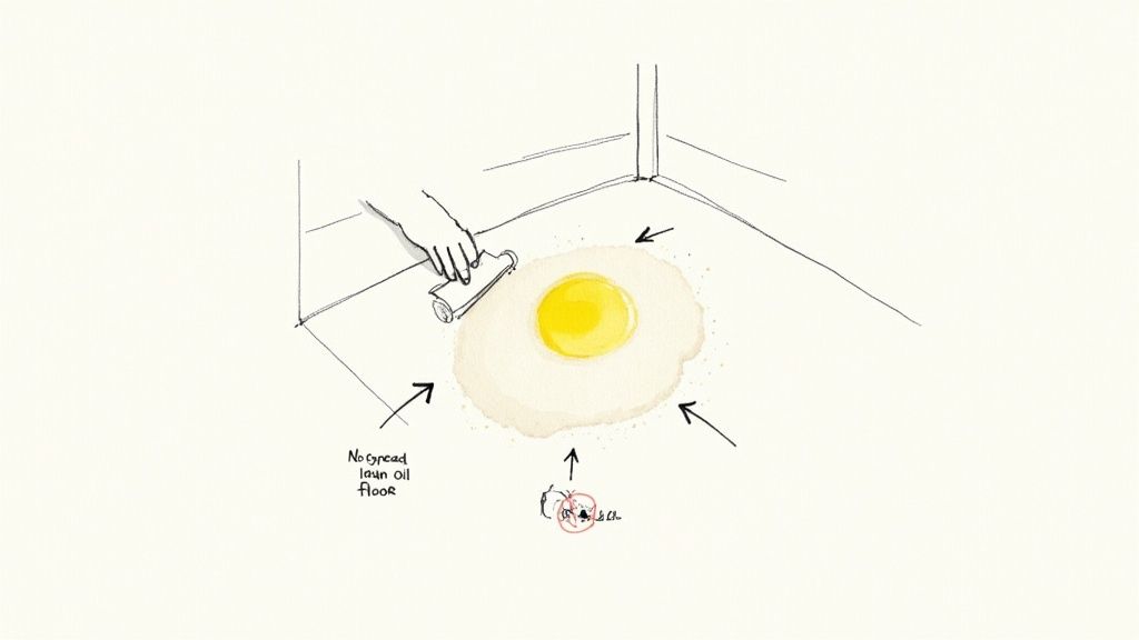 A person wiping a kitchen countertop clean after an oil spill.