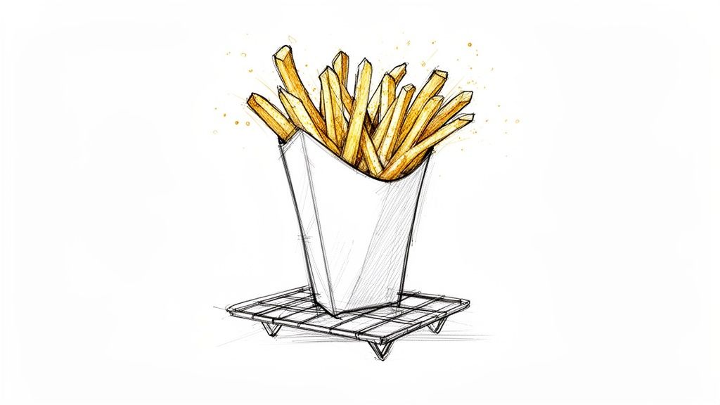 An illustration of golden french fries in a white paper container on a small wire rack.