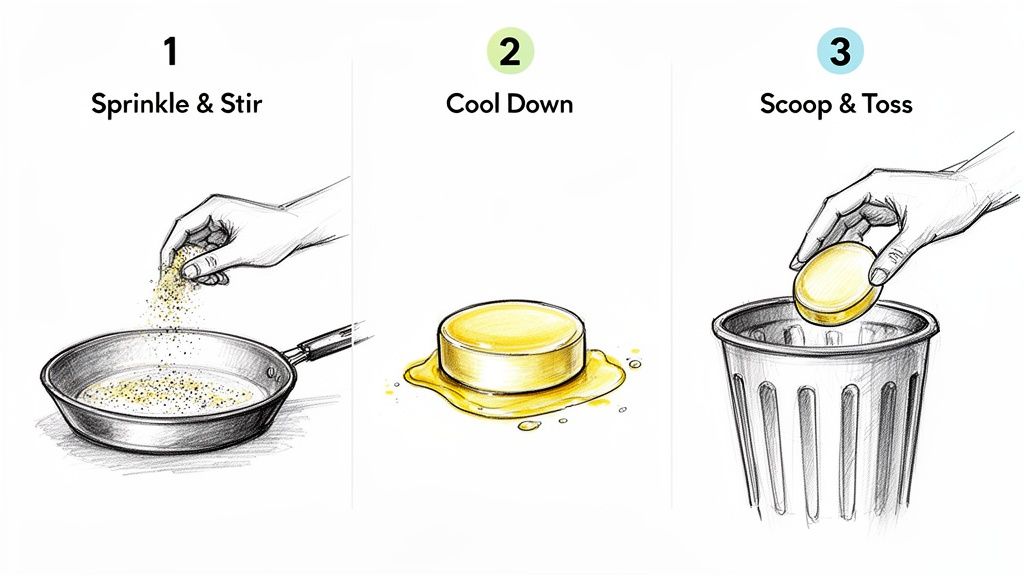 Illustrated guide showing sprinkling powder into a pan, cooling a yellow solid, and discarding it.
