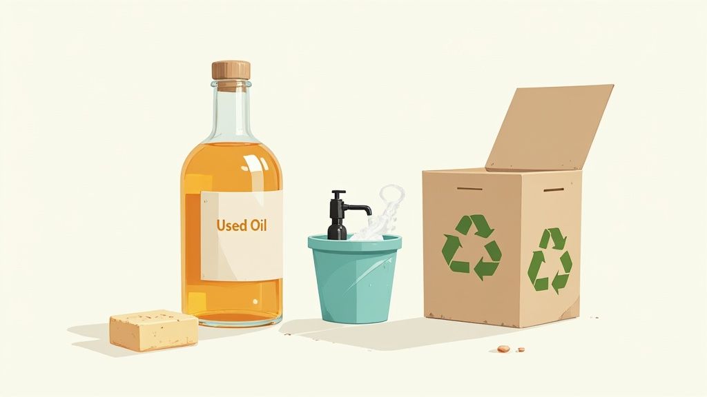 Illustration showing a bottle of used oil, a bar of soap, a bucket with a tap, and a recycling box.