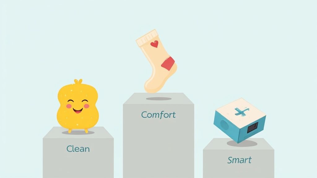Cartoon icons representing 'Clean,' 'Comfort,' and 'Smart' product features on pedestals.