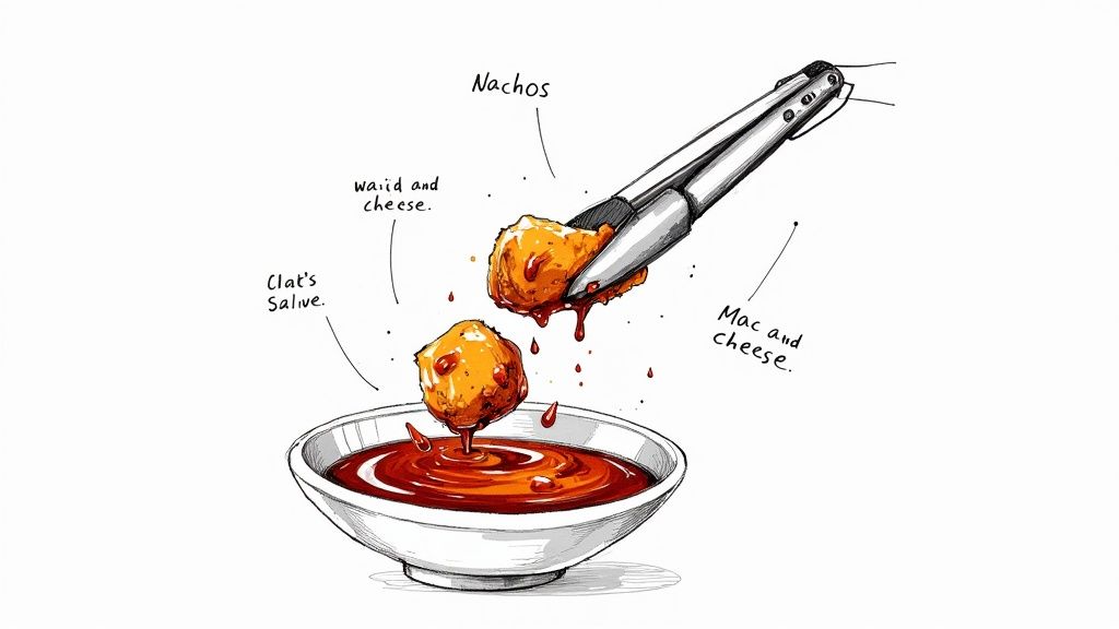 A heaping pile of saucy BBQ chicken bites ready to be served.