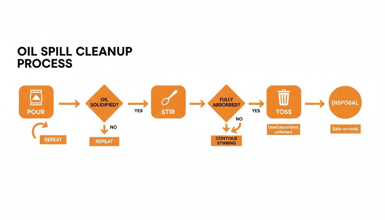 A flowchart illustrates the step-by-step process of oil spill cleanup, including pouring, stirring, and disposal.