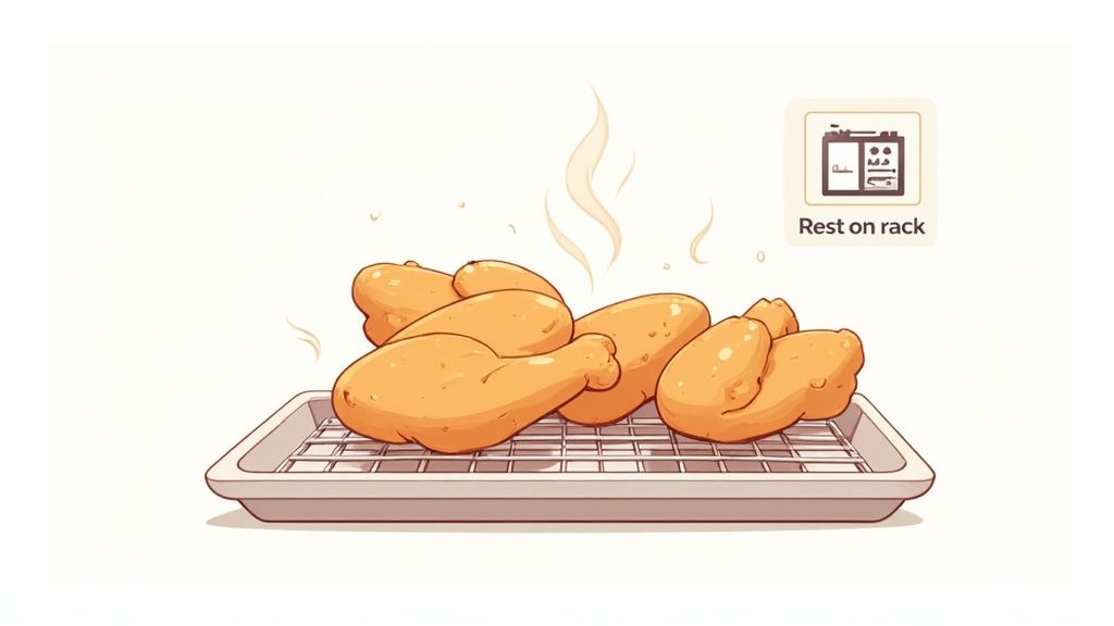 Golden fried chicken drumsticks and pieces steaming on a wire cooling rack over a tray.