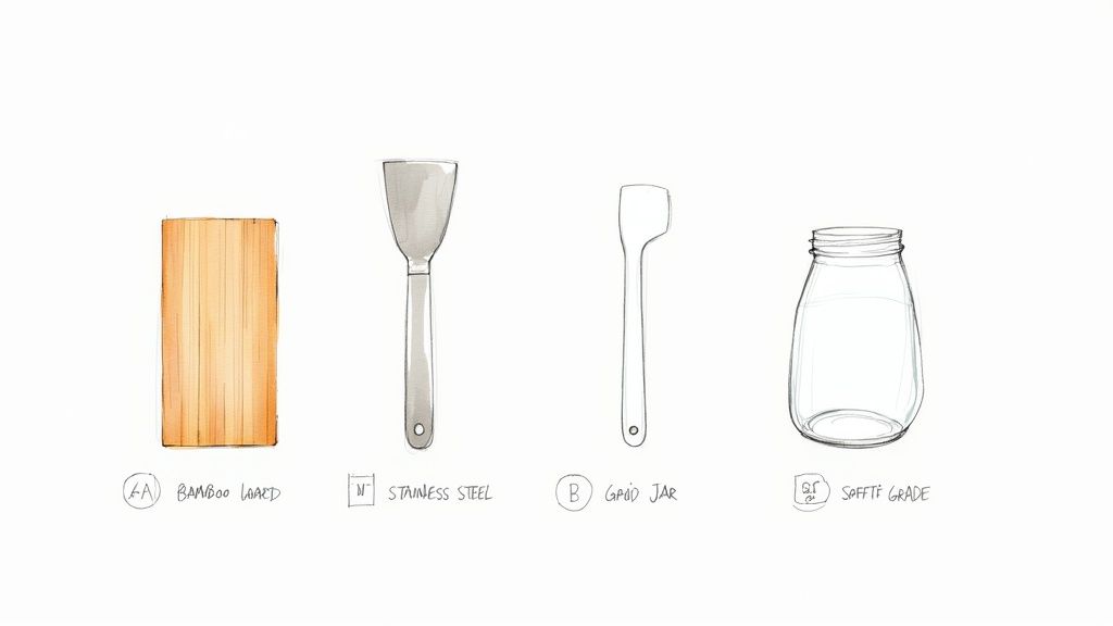 A detailed drawing of sustainable kitchen tools, including a bamboo board, stainless steel spatula, silicone spatula, and a glass jar.