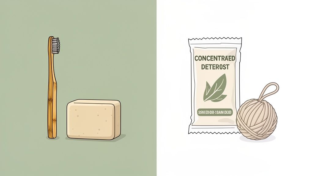 Illustrations of eco-friendly products: a bamboo toothbrush, bar soap, concentrated detergent, and a scrub ball.