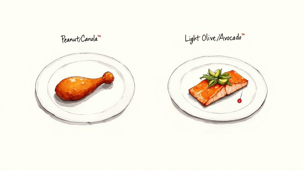 Two plates showing a fried chicken drumstick (Peanut/Canola oil) and baked salmon (Light Olive/Avocado oil).