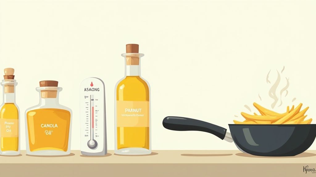 Bottles of different cooking oils, a thermometer, and a pan with hot fries ready for frying.