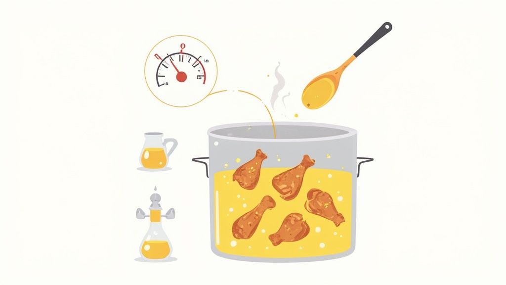 Illustration of chicken drumsticks being deep-fried in a pot, with temperature control and oil.