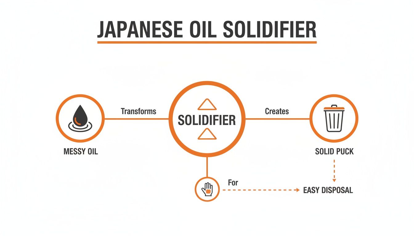 Flowchart showing how Japanese oil solidifier transforms messy oil into a solid puck for easy disposal.