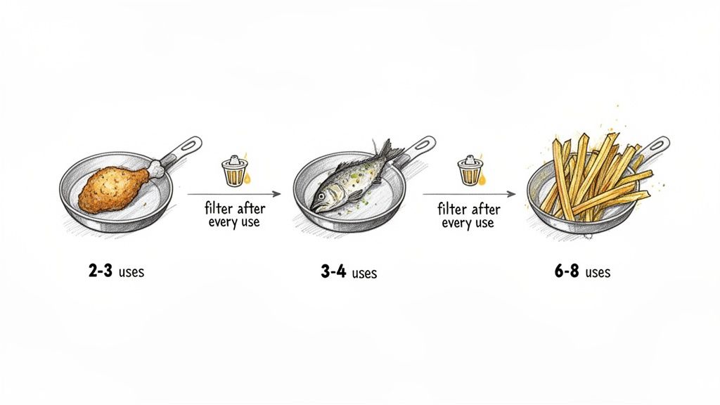 Visual guide on reusability of frying oil for different foods like chicken, fish, and fries, with filtration.