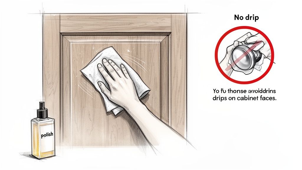 Hand polishing a wooden cabinet with a cloth and wood polish, with a warning to avoid drips.