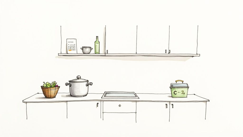 Minimalist kitchen counter with pot, basket, stovetop, and jar under floating shelf with cooking items
