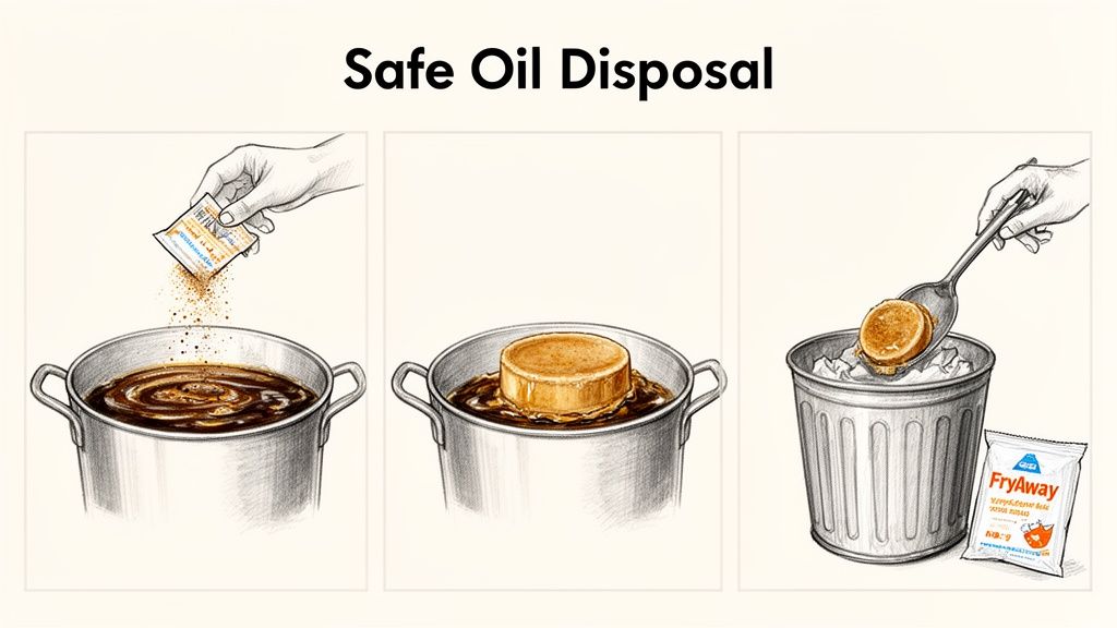 Illustration showing three steps to safely dispose of used cooking oil using FryAway powder.