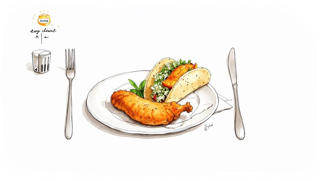 Two crispy beer-battered fish tacos on a plate with lime wedges.