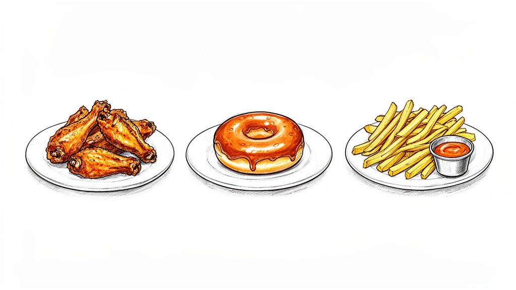 A line of plates showing fried chicken wings, a glazed donut, and french fries with ketchup.