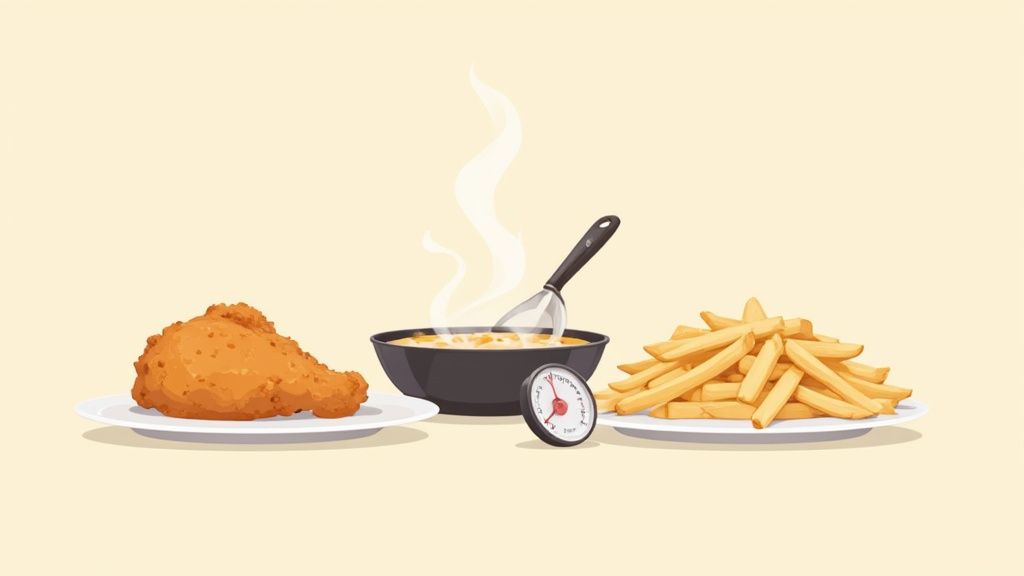 A fried chicken drumstick, a pot of hot oil with a spatula, and golden french fries.