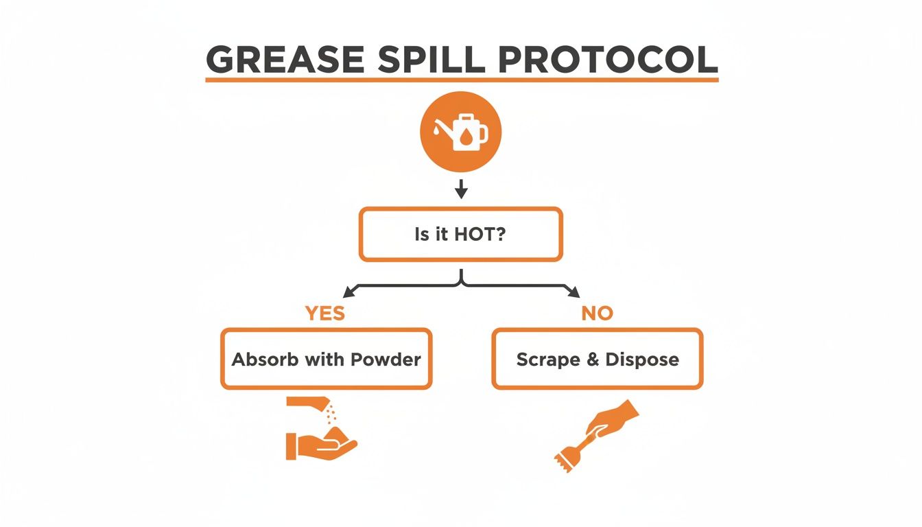 Flowchart detailing grease spill protocol: If hot, absorb with powder; if not, scrape and dispose.