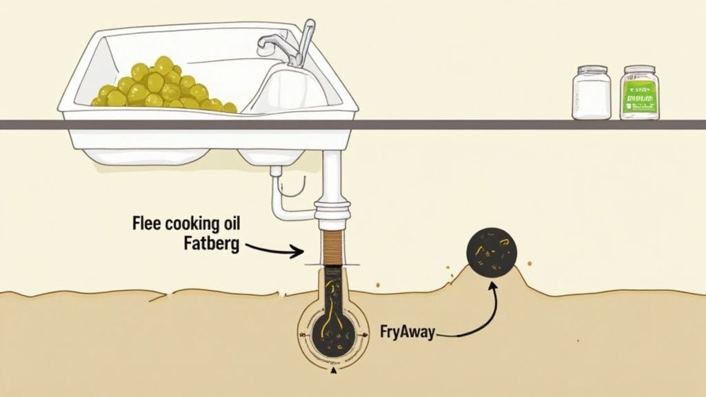 Illustration of a kitchen sink, a fatberg blockage in the drain, and a FryAway solution.