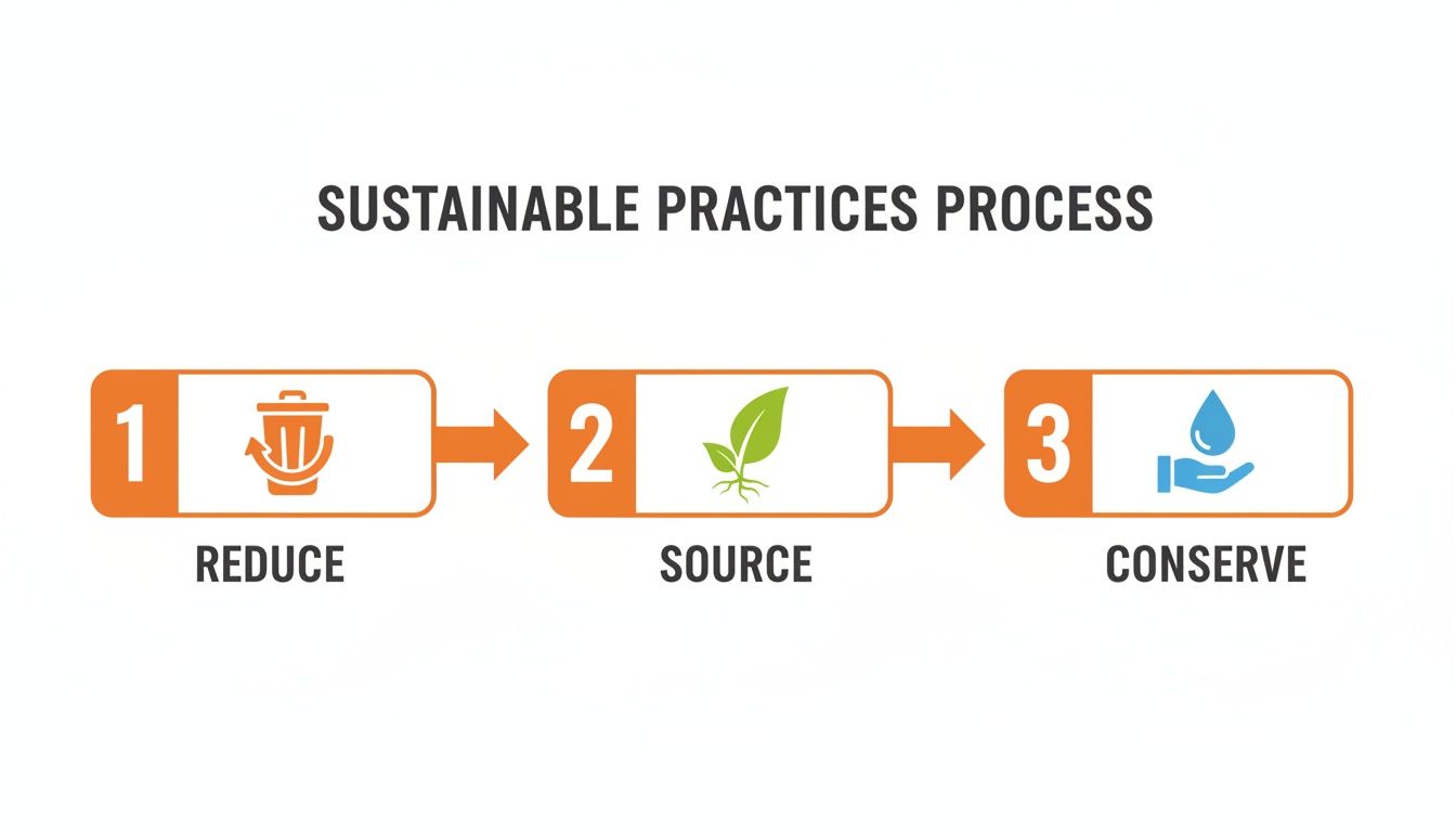 A diagram illustrating the sustainable practices process: Reduce waste, Source ethically, and Conserve resources.