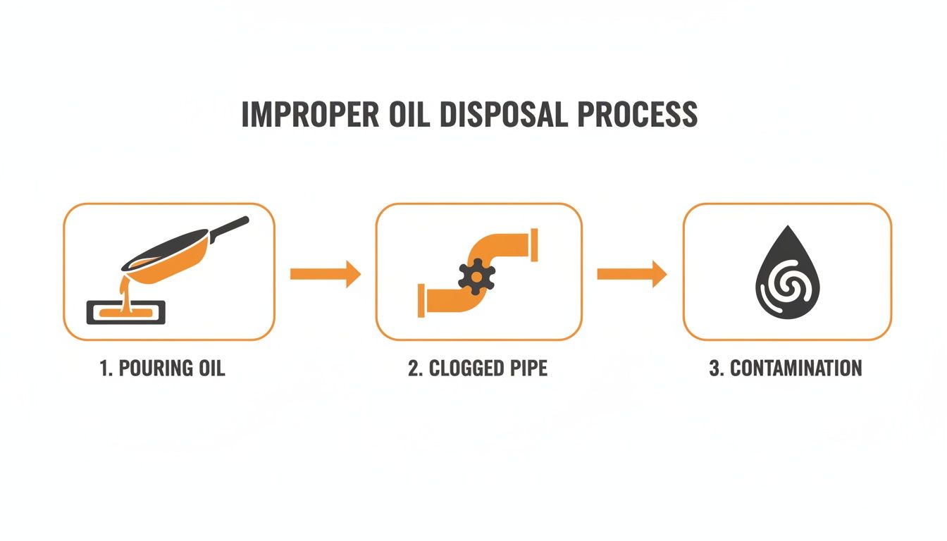 Diagram depicting the consequences of improper oil disposal, leading to clogged pipes and water contamination.