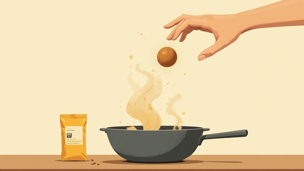 An illustration of a hand dropping a spherical ingredient into a steaming pan beside a yellow packet.
