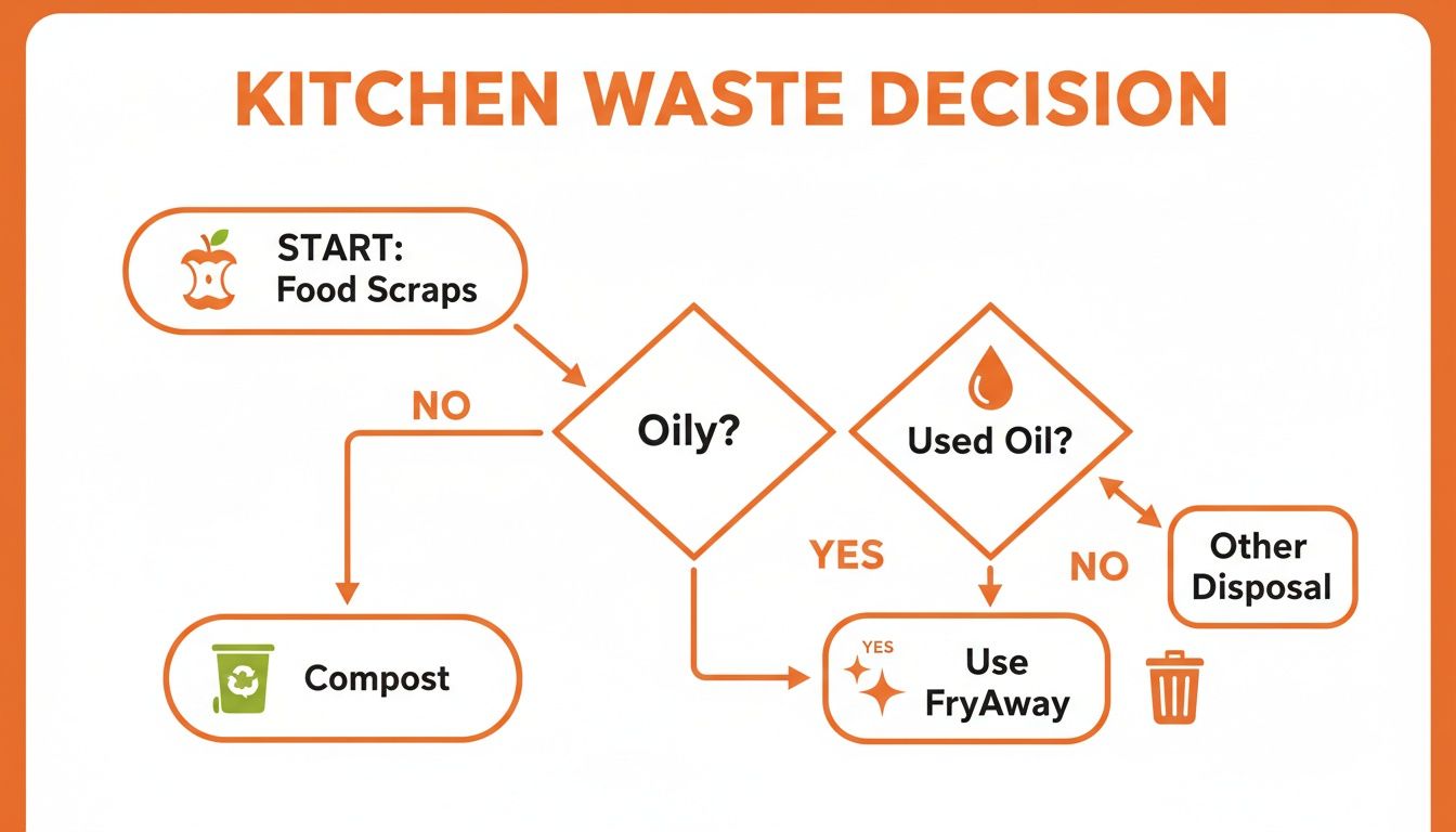 Flowchart for kitchen waste decisions: Food scraps lead to compost, FryAway, or other disposal.