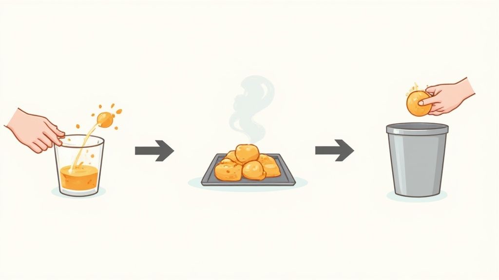 A three-panel illustration showing a hand stirring orange liquid, followed by hot cooked food on a tray, and finally a hand discarding food into a trash can.