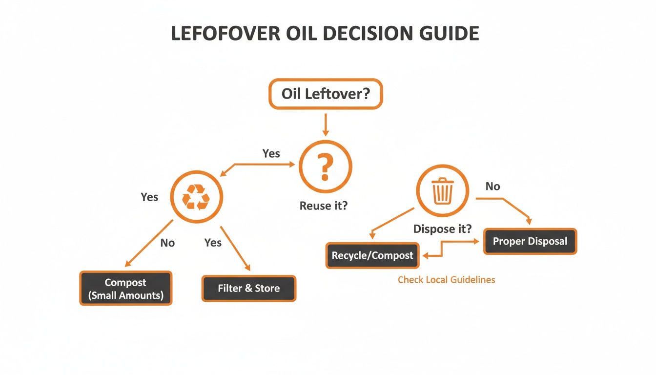 Flowchart illustrating the decision process for leftover cooking oil, covering reuse, compost, and proper disposal.