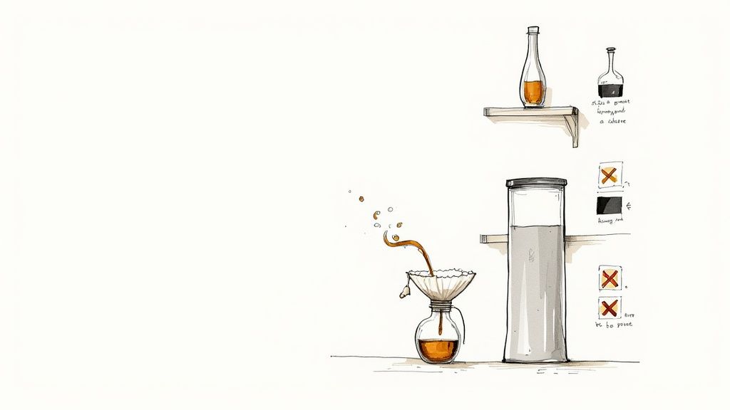 A person pouring used cooking oil through a strainer into a jar for storage.