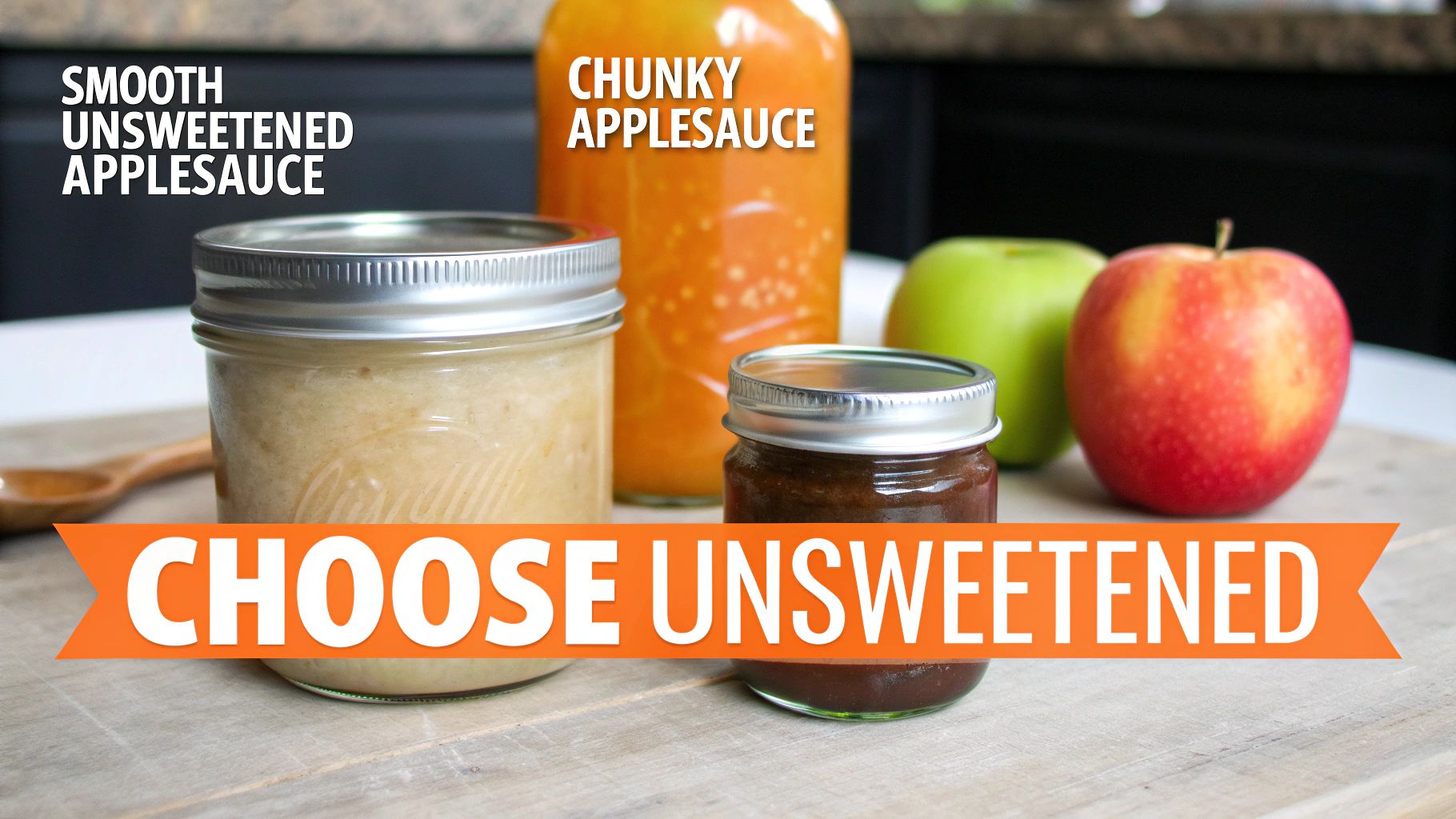 Jars of homemade and store-bought applesauce on a kitchen counter.