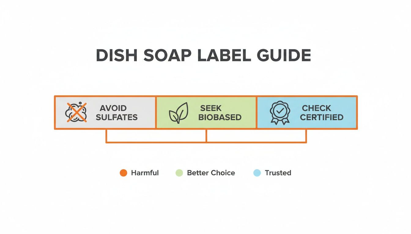 Infographic illustrating a dish soap label guide, advising to avoid sulfates, seek biobased products, and check for certified labels.