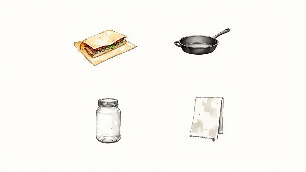 Various kitchen essentials displayed on a white background: a sandwich, cast iron pan, glass jar, and a towel.