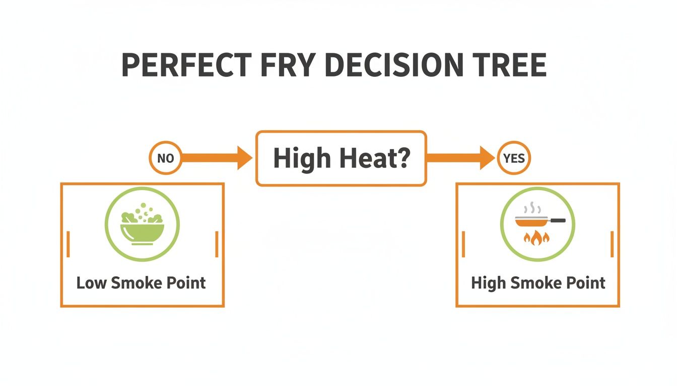 A decision tree explaining perfect frying. If no high heat, use low smoke point oil. If high heat, use high smoke point oil.