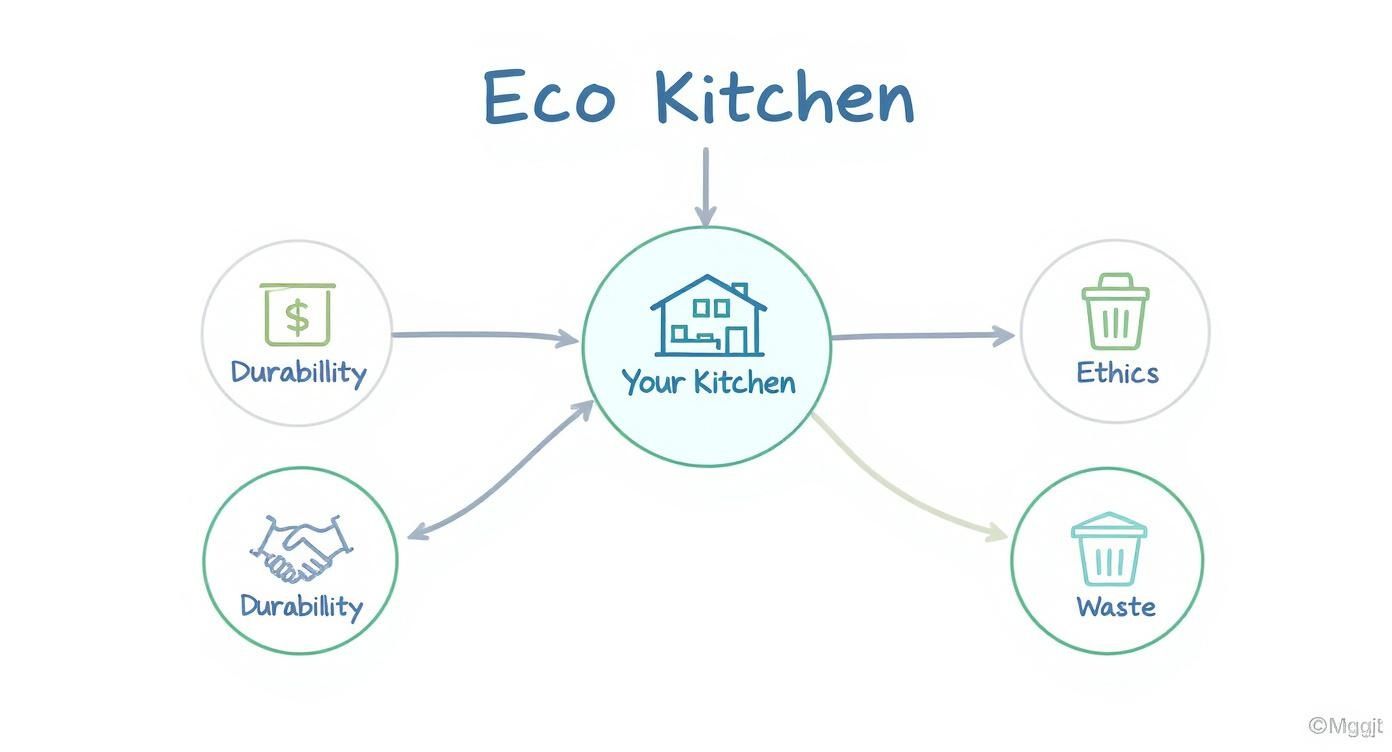 An eco-kitchen concept diagram showing Your Kitchen connected to financial durability, ethical practices, and waste management.