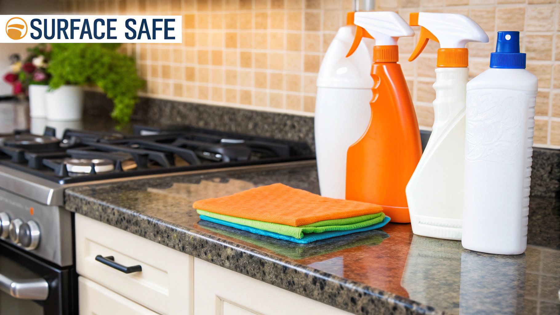 A person cleaning a kitchen countertop with a spray bottle and cloth.