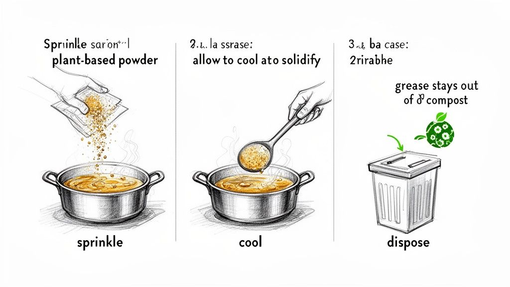 A three-step diagram illustrating how to solidify cooking grease with powder for proper disposal.