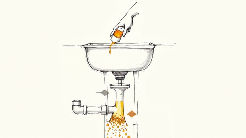 A person pouring used frying oil from a pan into a jar.