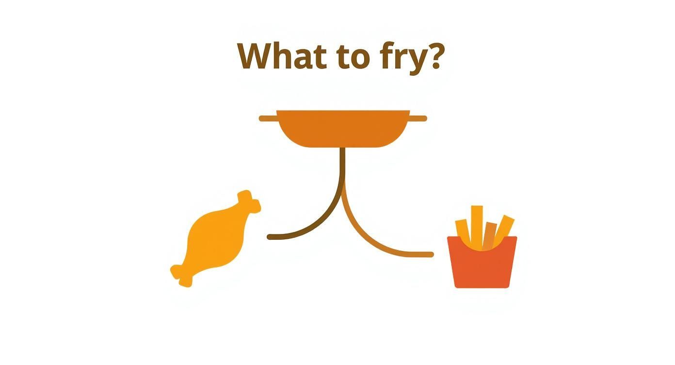 Infographic decision tree showing a frying pan icon branching to a crispy chicken icon and a french fries icon.