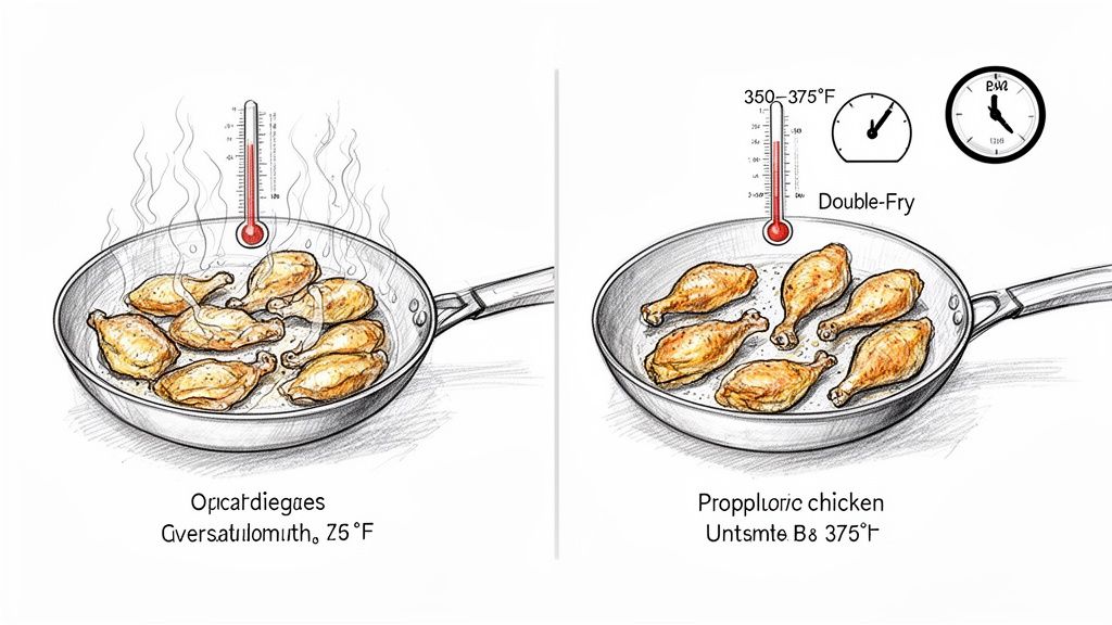 Illustration comparing single-fried and double-fried chicken in pans with temperature and time indicators.