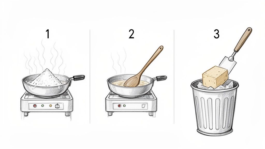 Three steps illustrating how to solidify and dispose of cooking oil easily.