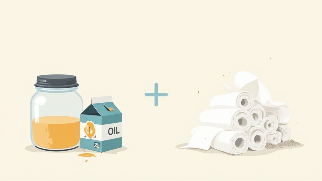 Illustration showing oil in a jar and carton, a plus sign, and a pile of absorbent paper towels.