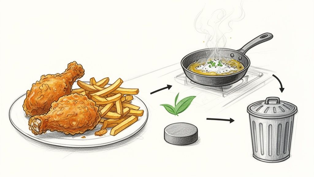 Illustration showing fried chicken and fries, with cooking oil being processed and disposed of in a trash can.