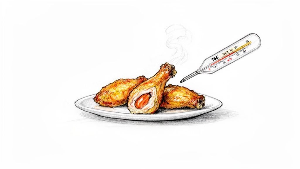 Illustration of cooked chicken drumsticks and wings with a thermometer showing 165 degrees Fahrenheit.
